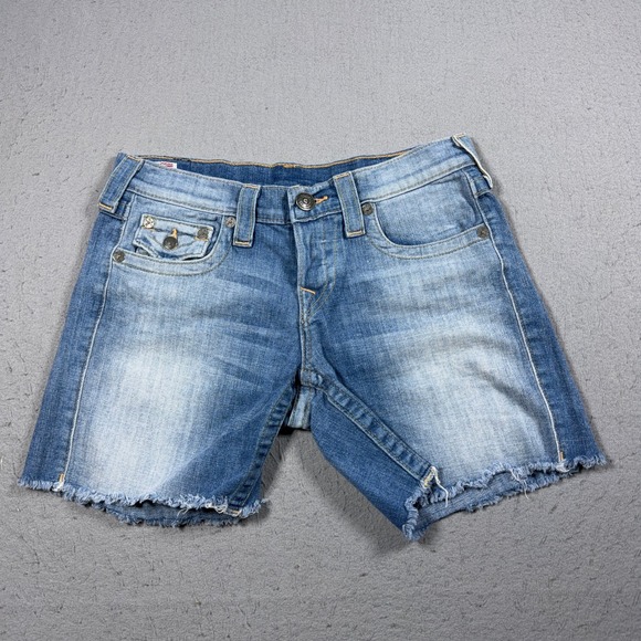 Vintage True Religion Brand Jeans Denim Shorts Women 26 Cutoff Raw Hem USA Y2K